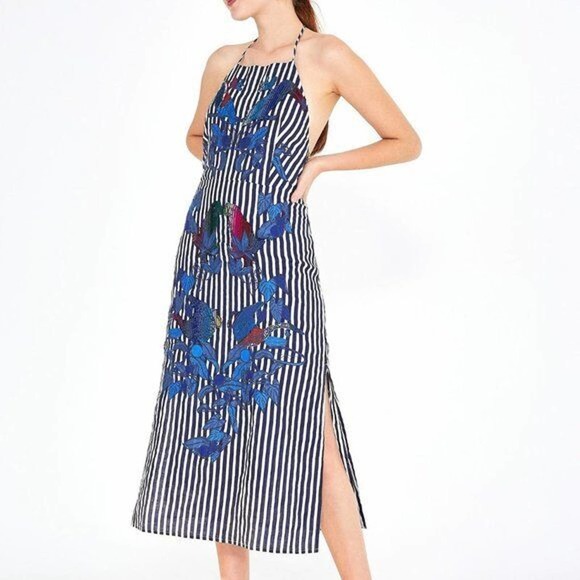 NWT Farm Rio Blue Striped Embroidered Applique Midi Dress Size XS Bird Tropical - Picture 1 of 12